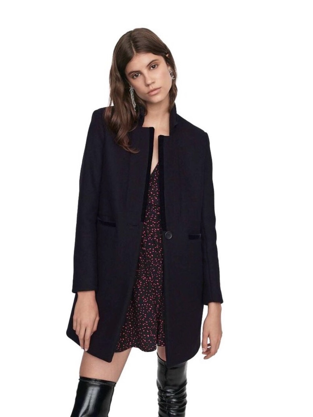 Maje Galar Wool Blend Velvet Trim Coat Black 36 / US Small